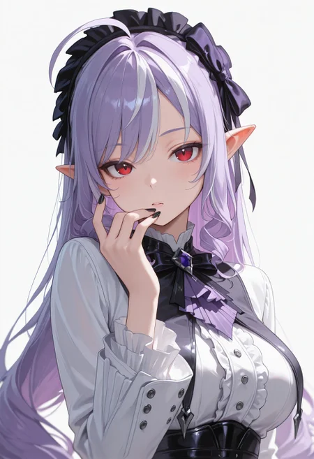 masterpiece,best quality,amazing quality, absurdres, <lora:vivian_zzz_ilxl_goofy:1> vivianZzz,red eyes,ahoge,streaked hair,black hairband,frilled hairband, purple hair, hair bow, 1girl, black nails, breasts, fingernails, white background, long hair, looking at viewer, medium breasts, multicolored hair, pointy ears, simple background, solo, white shirt, center frills, bowtie, plaid skirt, purple ascot, black corset,