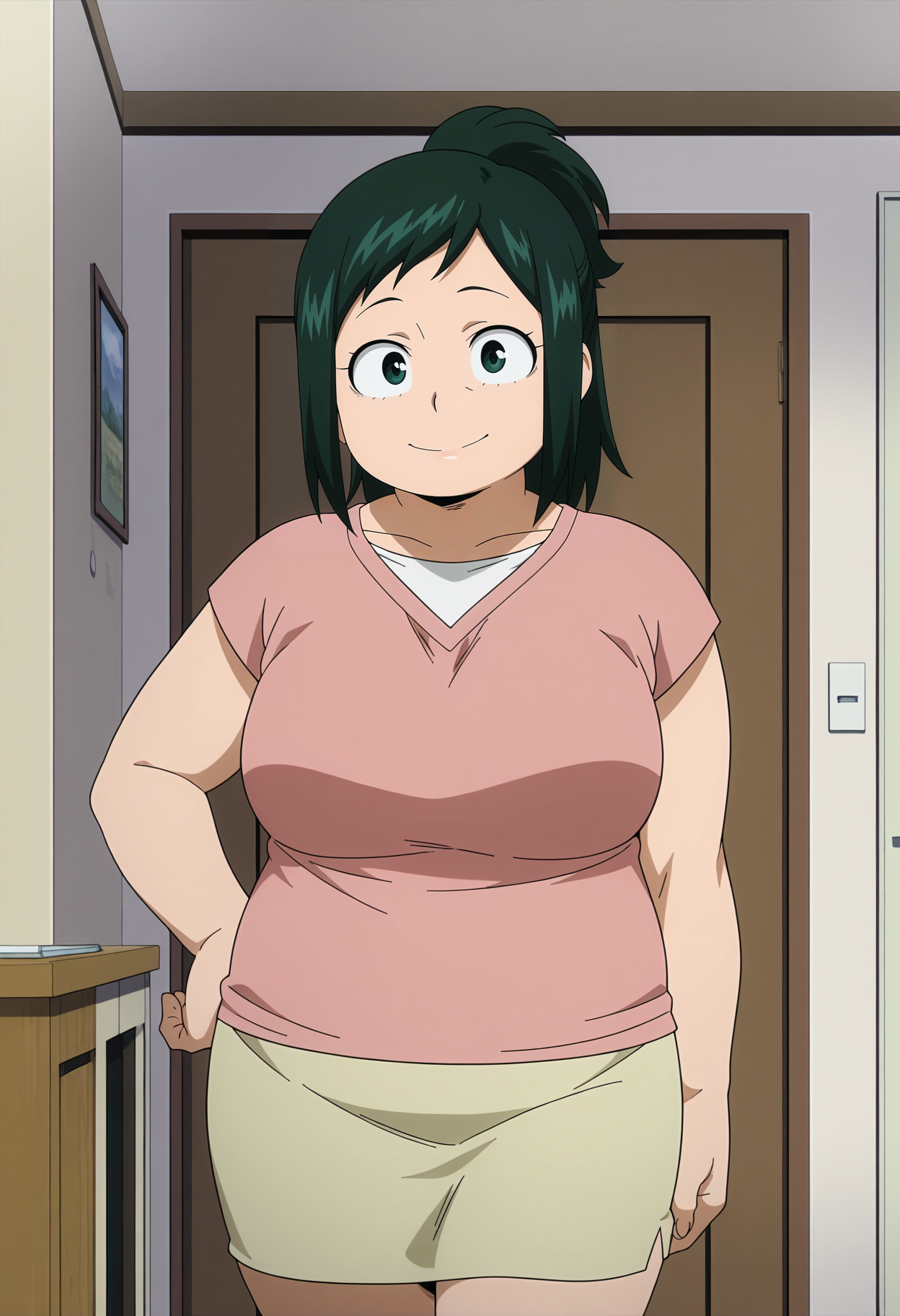 1girl,solo,mm,mature female,plump,green hair,green eyes,ponytail,anime coloring,
shirt,skirt,cowboy shot, looking at viewer, hand on own hip, smile,indoors
,masterpiece,best quality,amazing quality,<lora:Midoriya_inko-My_Hero_Academia_ix:0.8>