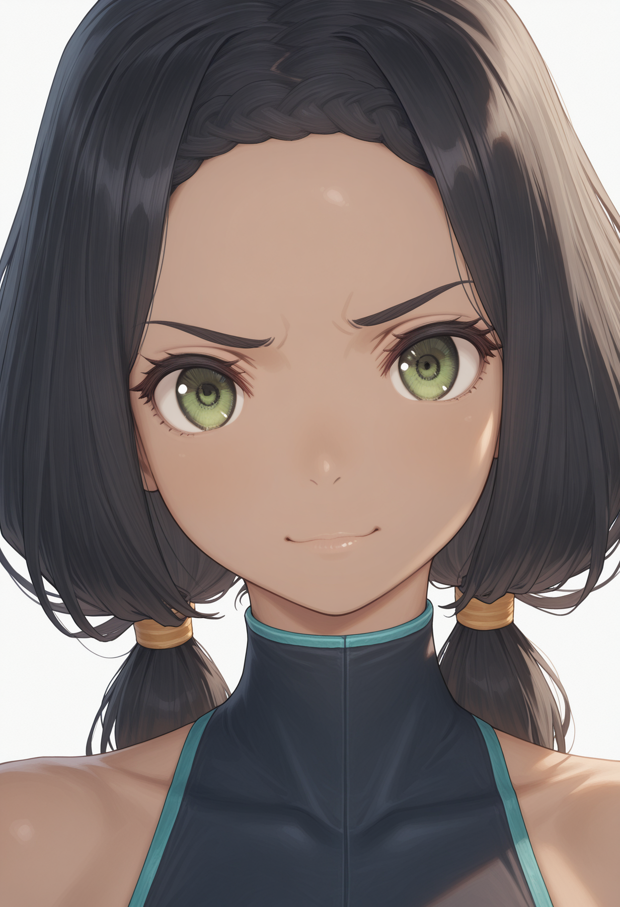 masterpiece, best quality, good quality, portrait, ghondor, green eyes, low twintails, crop top <lora:ghondor illustrious 002:1>