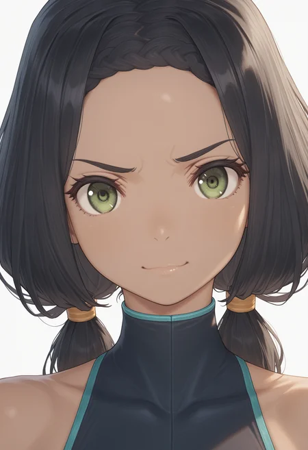 masterpiece, best quality, good quality, portrait, ghondor, green eyes, low twintails, crop top <lora:ghondor illustrious 002:1>