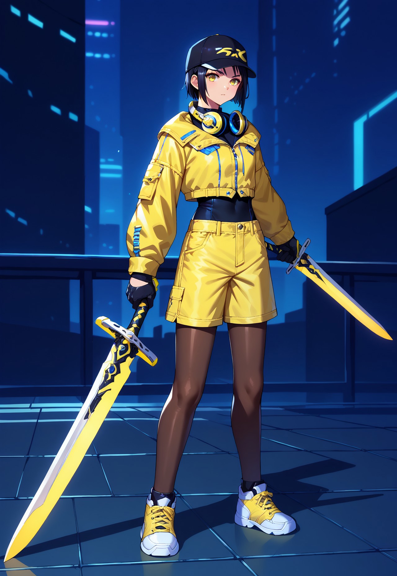  PonyXLV6_Scores BREAK V4NGU4RD, 1girl, weapon, sword, shorts, holding, yellow shorts, headphones, holding weapon, solo, holding sword, hat, yellow jacket, sneakers, jacket, over shoulder, weapon over shoulder, gloves, shoes, cyberpunk, standing, black gloves, looking at viewer, black hair, full body, pantyhose, short hair, black headwear, dual wielding, yellow eyes, headphones around neck