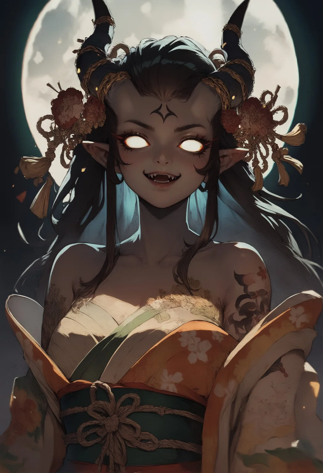 score_9, score_8_up, score_7_up, score_9, score_8_up, score_7_up, Japanese teenage girl, floral kimono, exposed shoulders, beautiful face, thick eyelashes, glowing white eyes, white demon horns, long flowy black hair, cute smile, dark eyeshadow, glowing shoulders tattoos, glowing back tattoos, floral decoration in hair, night time, shinning moon, lit by moonlight, ambient lighting, fangs, demon skin <lora:pony/concept_art_ultimatum>