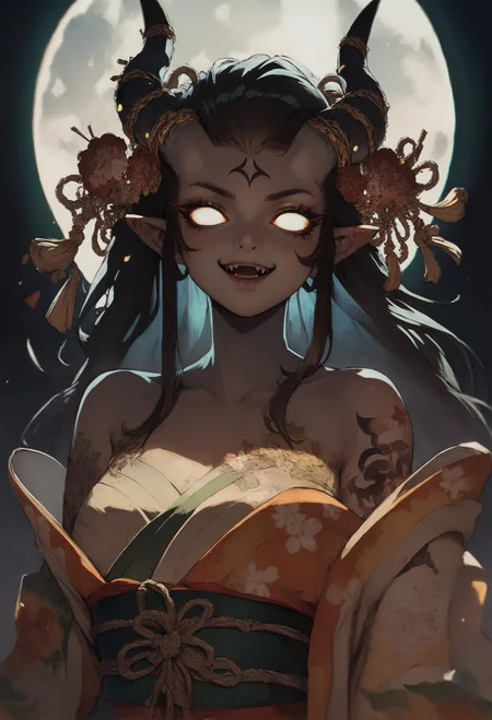 score_9, score_8_up, score_7_up, score_9, score_8_up, score_7_up, Japanese teenage girl, floral kimono, exposed shoulders, beautiful face, thick eyelashes, glowing white eyes, white demon horns, long flowy black hair, cute smile, dark eyeshadow, glowing shoulders tattoos, glowing back tattoos, floral decoration in hair, night time, shinning moon, lit by moonlight, ambient lighting, fangs, demon skin <lora:pony/concept_art_ultimatum>