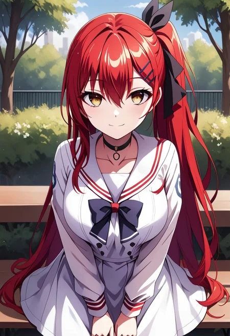 score_9, score_8_up, score_7_up, source_anime, LEOLESHEA, 1girl, solo, long hair, breasts, looking at viewer, blush, smile, bangs, skirt, hair ornament, long sleeves, dress, bow, ribbon, hair between eyes, jewelry, very long hair, closed mouth, school uniform, collarbone, hair ribbon, yellow eyes, red hair, outdoors, choker, day, hairclip, sailor collar, white dress, red bow, side ponytail, tree, one side up, black choker, white skirt, sailor dress, white sailor collar, bench
