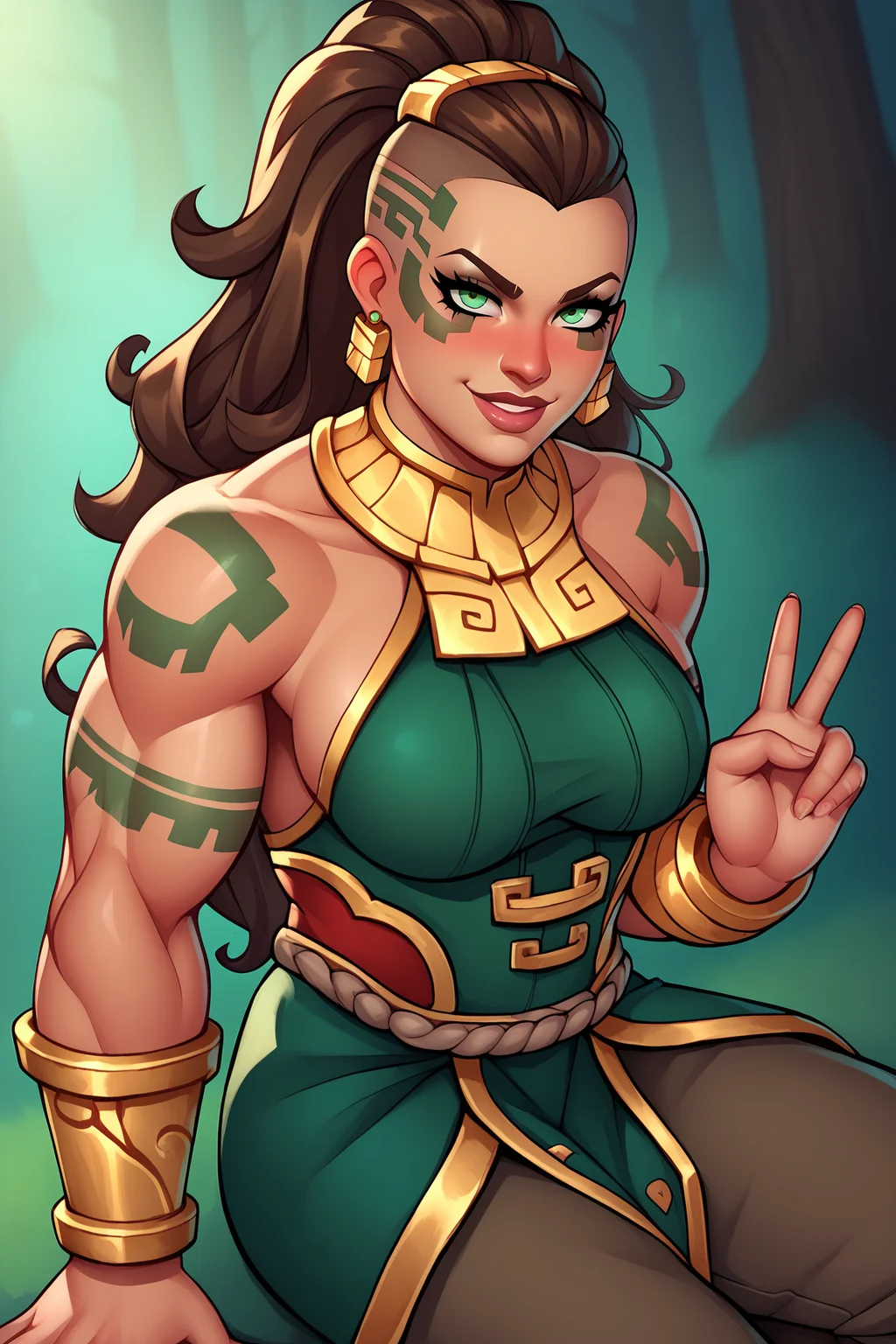 score_9, score_8_up, score_7_up, score_6_up, BREAK, IllaoiLoLXL, dark skin, colored skin, facial tattoo, tattoo, green eyes, brown hair, long hair, hair pulled back, dreadlocks, ponytail, hair ornament, earrings, muscular female, medium breasts, gold armor, bare shoulders, green dress, bracelet, (red skirt), belt rope, brown pants, black boots, solo, sitting, above view, peace sign, seductive smile, looking at viewer, naughty face, nose blush, forest <lora:IllaoiLoLXL:0.9>
