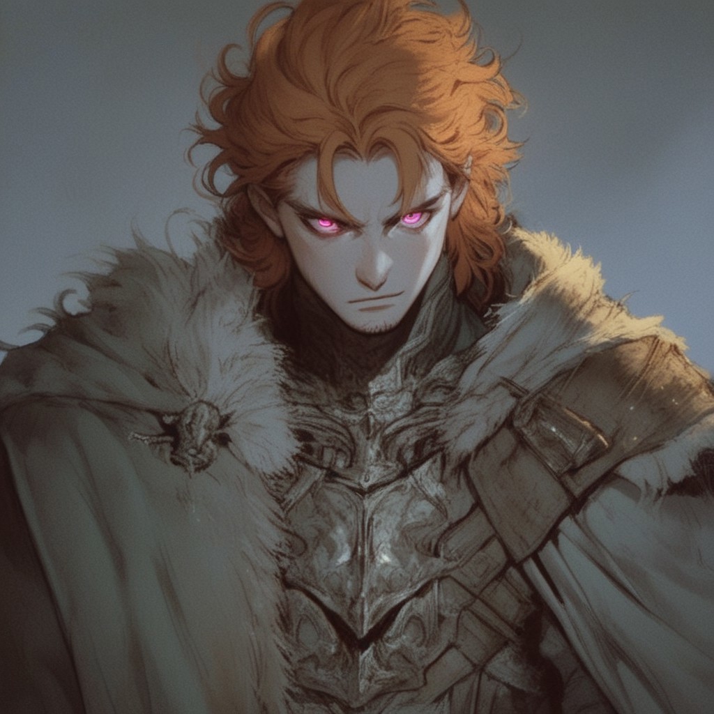(score_9, score_8_up, score_7_up), source_anime, anime, pale skin, shoulder length, ((glowing pink eyes)), armor, cloak, ((stares into the camera)), ginger hair, male, viking style