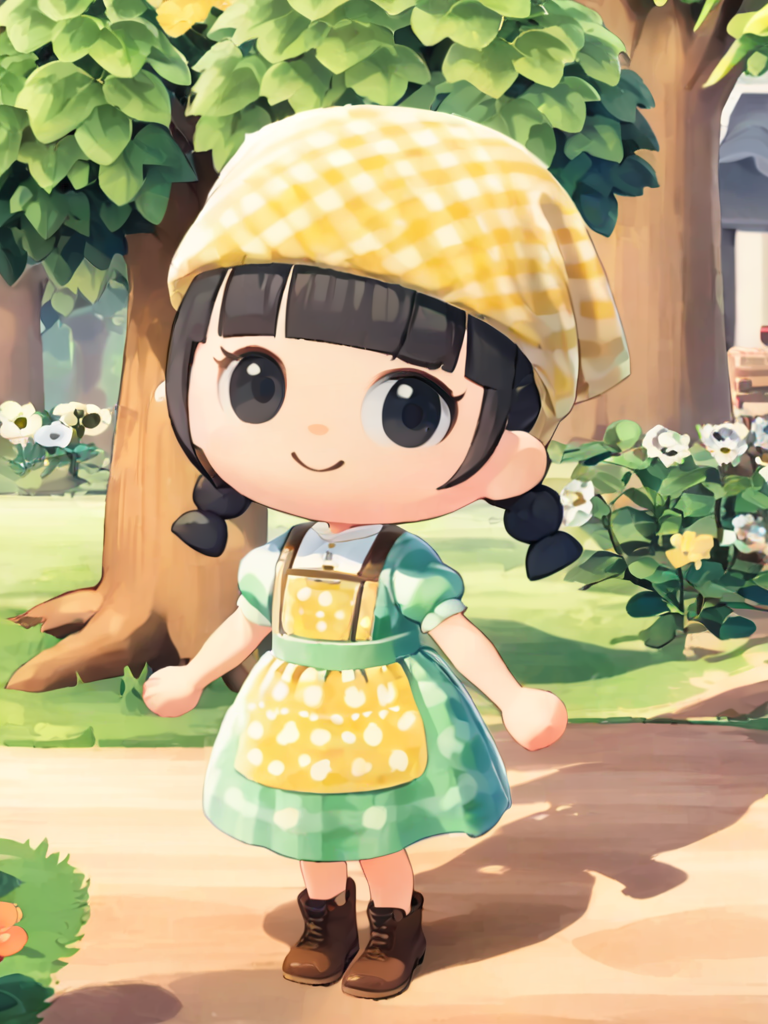 <lora:dongsen_xl:1>,chibi, 1girl, braid, solo, smile, dress, twin braids, tree, black hair, outdoors, black eyes, short sleeves, brown footwear, head scarf, puffy sleeves, puffy short sleeves, bag, blunt bangs, floral print, full body, bangs, apron, looking to the side, standing, hat