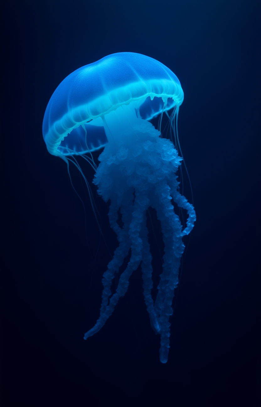 vantablack, what a lovely dark ocean in paradise full of glowing bioluminescent jellyfish in a see of crystals,   <lora:- Flux1 - vanta_black_V2.0:.8>