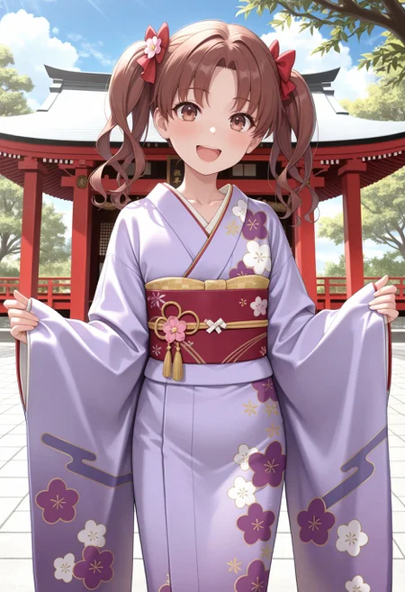 masterpiece,best quality,absurdres,highres,very aesthetic,high quality,detailed,insanely detailed,beautiful,perfect lighting, looking at viewer, smile,
<lora:Shirai illu:1> 1girl, brown eyes, brown hair, long hair, twintails, parted bangs, hair bow,
purple kimono, japanese clothes, 1girl, hair ornament, twintails, outdoors, hair flower, brown eyes, brown hair, sash, open mouth, tree, obi, smile, looking at viewer, day, shrine, blush, wide sleeves, hair bow, blue sky, :d, cloud, long hair, collarbone, parted bangs, floral print, red bow, standing, print kimono, east asian architecture