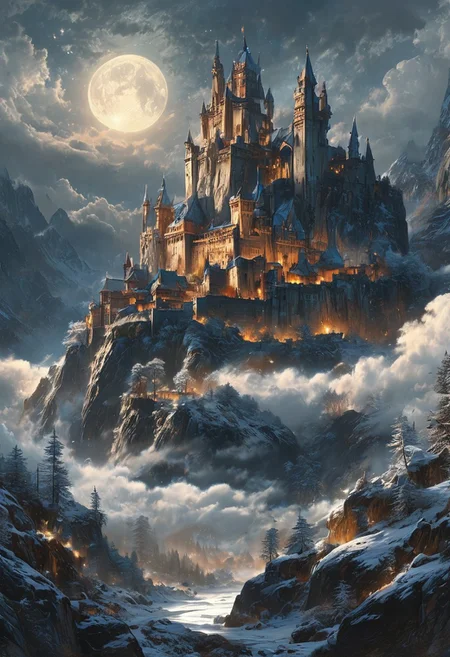 A captivating night scene illustration featuring a grand yet comfortable fortified castle standing tall on a rocky and snowy mountain. The castle, adorned with multiple windows, emits a warm glow, highlighting its intricate architecture and rich history. The snow mountain is covered in great pine trees, reflecting on the calm, moonlit snow that mirrors the silvery moonlight. The full moon graces the sky, casting an ethereal glow on the clouds and mountain, while wispy clouds partially obscure its brilliance, adding to the scene's mystique. Twinkling stars dot the sky, creating a celestial tapestry that harmonizes with the moon's radiance. This enchanting artwork captures a serene and peaceful night, where the illuminated castle stands resolute amidst the celestial beauty, creating a cinematic experience., illustration, cinematic
<lora:DonM3t3rn1tyXL-v1.1:0.7>, DonM3t3rn1tyXL,
OverallDetailXL <lora:MJ52:0.3> <lora:SDXLFaeTastic2400:0.4> <lora:EpicF4nta5yXL:0.7>