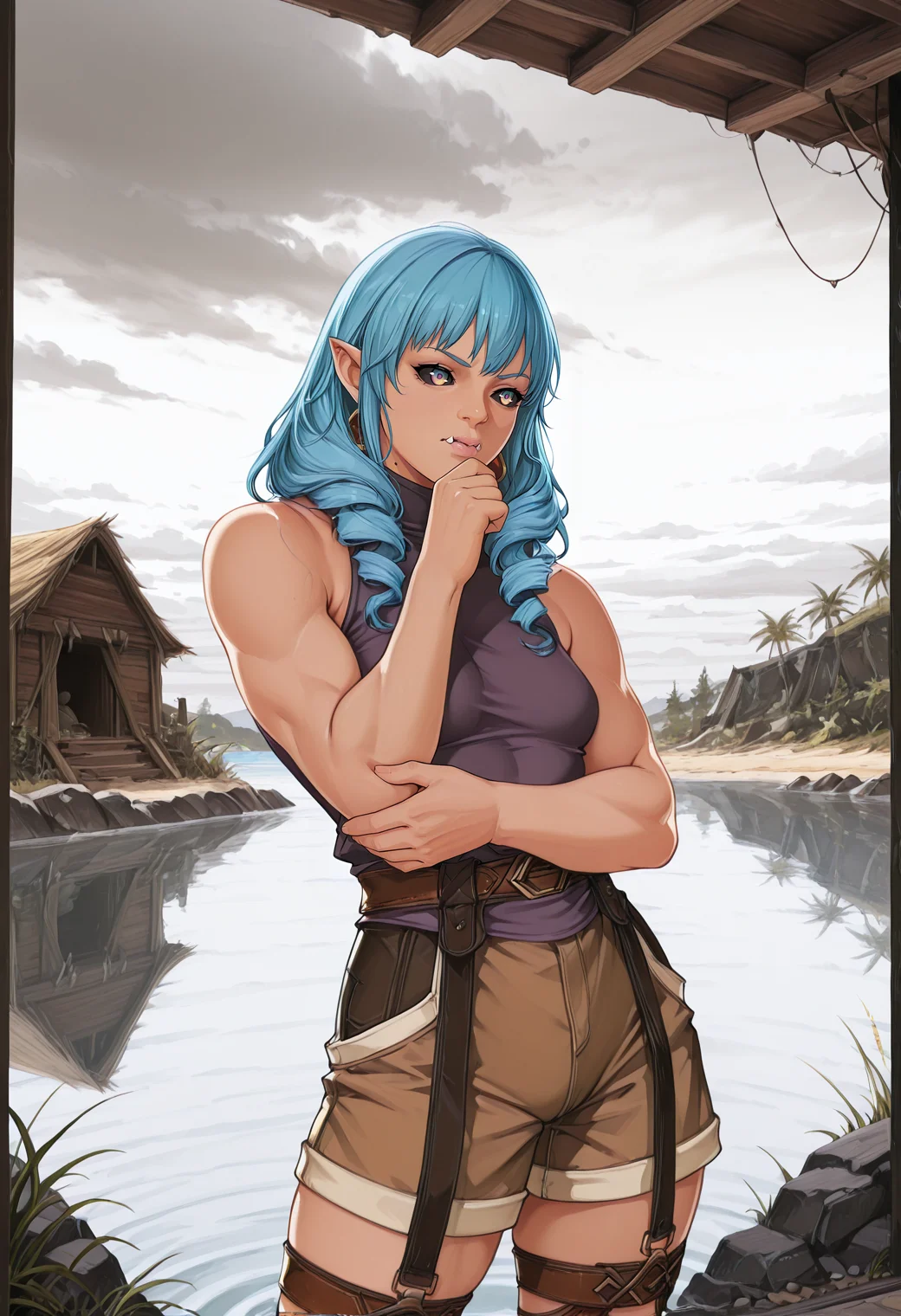 very awa, flat_colors, anime_coloring, anime_style, [sei shoujo], [yoshiten], style parody, [bang dream!], [arcane: league of legends], [league of legends], (dynamic angle:1.3), (cowboy shot:1.2) BREAK 1girl, solo, <lora:Orc:0.7> orc, (fangs), pointed ears, black sclera, (tusks), <lora:edgBarbarianILS:0.6> edgBarb, <lora:muscular_female2:0.6> muscular female, medium blue hair, voluminous blowout hair, multicolored eyes, mole on body, (light grey skin:1.2), muscular body, small breasts, perfect hands, moist lips, (thinking), eyes open BREAK wearing sleeveless (detailed light brown_yellow and purple_grey sweater), madras shorts, deep orange_red gladiator sandals, BREAK medieval, fantasy, outdoors, detailed landscape, tropical island, water, grassy meadow, boulders,hut, standing, contrapposto , arms relaxed, summer, day, hard light, grey sky, overcast, cloudy sky,, volumetric lighting BREAK <lora:Expression_Detailer_Illustrious_Lora:0.7> <lora:DarkerThanDarkIllustriousV1:0.5> <lora:Relatively_Default_V1_Illu_Edition:0.6> RD-Illu