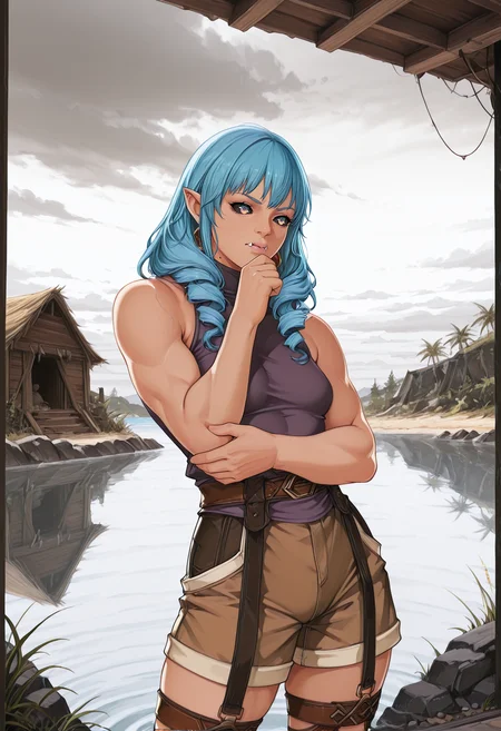 very awa, flat_colors, anime_coloring, anime_style, [sei shoujo], [yoshiten], style parody, [bang dream!], [arcane: league of legends], [league of legends], (dynamic angle:1.3), (cowboy shot:1.2) BREAK 1girl, solo, <lora:Orc:0.7> orc, (fangs), pointed ears, black sclera, (tusks), <lora:edgBarbarianILS:0.6> edgBarb, <lora:muscular_female2:0.6> muscular female, medium blue hair, voluminous blowout hair, multicolored eyes, mole on body, (light grey skin:1.2), muscular body, small breasts, perfect hands, moist lips, (thinking), eyes open BREAK wearing sleeveless (detailed light brown_yellow and purple_grey sweater), madras shorts, deep orange_red gladiator sandals, BREAK medieval, fantasy, outdoors, detailed landscape, tropical island, water, grassy meadow, boulders,hut, standing, contrapposto , arms relaxed, summer, day, hard light, grey sky, overcast, cloudy sky,, volumetric lighting BREAK <lora:Expression_Detailer_Illustrious_Lora:0.7> <lora:DarkerThanDarkIllustriousV1:0.5> <lora:Relatively_Default_V1_Illu_Edition:0.6> RD-Illu
