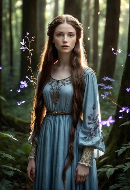 A young woman with long, flowing hair stands confidently and curiously in an enchanting, dark forest illuminated by the soft glow of purple fireflies. She is wrapped in a gown of linen and dried leaves, with intricate floral embroidery and thigh-high socks, which contrast beautifully with the mystical surroundings. The forest is alive with bioluminescent flowers that emit a gentle, ethereal light, casting an otherworldly glow on her serene face. The atmosphere is magical and mysterious, with a subtle, magical mist swirling around her. The scene is tranquil yet filled with a sense of wonder, as she gazes thoughtfully into the distance, surrounded by the enchanting beauty of the forest. (luc14nn4, freckles on her nose, long hair, brown hair, expressive blue eyes, soft pale skin.)