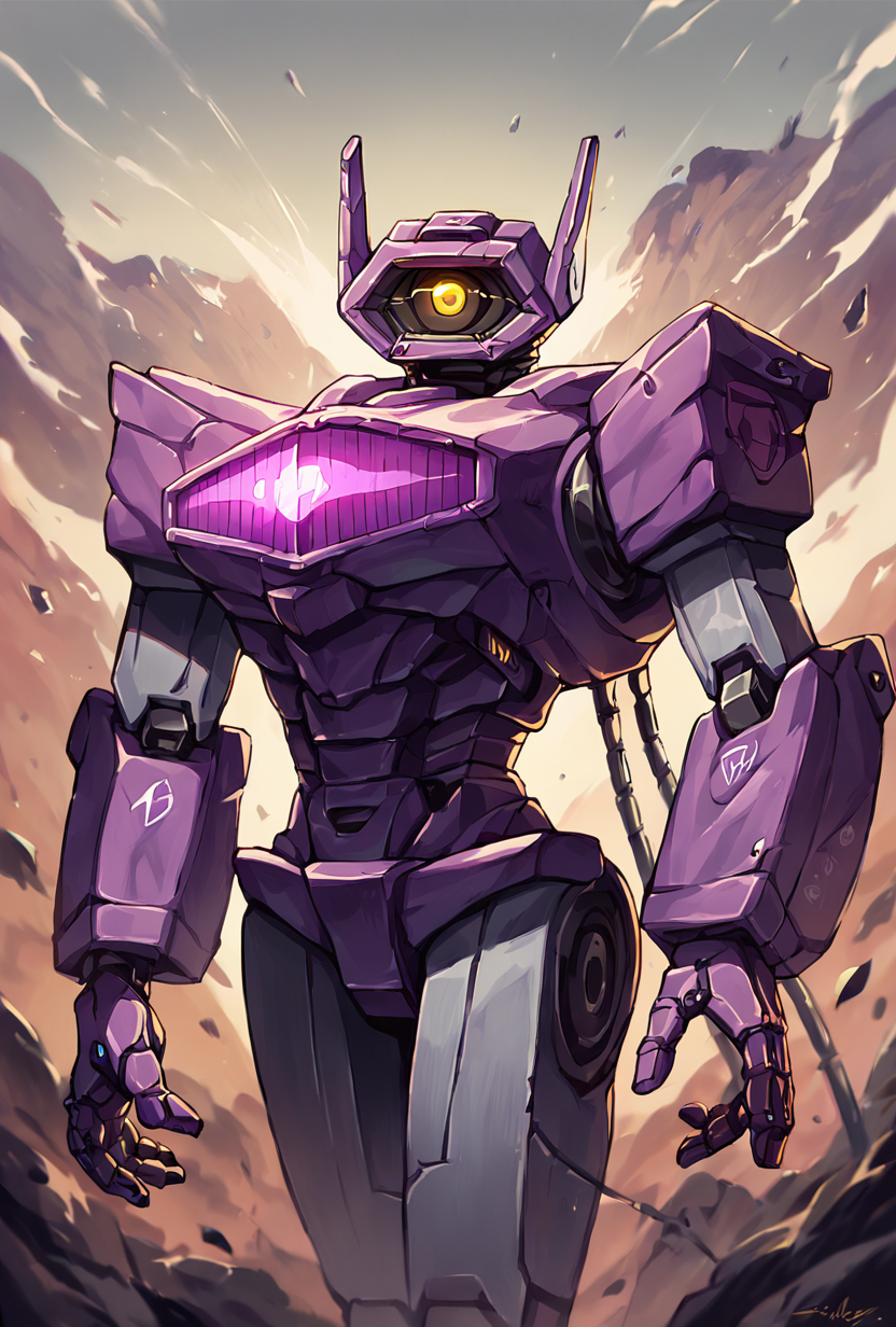 score_9, score_8_up, score_7_up,,  good quality ,, character focus, solo, , best quality , detailed background, <lora:shockwave:1> shockwave, robot,purple mecha, yellow eyes, glowing, one-eyed