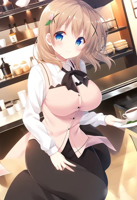score_9, score_8_up, score_7_up, source_anime, best quality, masterpiece, BREAK, 
mitsumomo style, 
1girl, ctiank0k0a, (large breasts), blue eyes, light brown hair, medium hair, light brown hair, cherry-blossom hair ornaments, 
barista, dress shirt, long sleeves, pink vest, black skirt, long skirt, bowtie, 
smile, (strike a pose:1.3), head tilt, 
angle:random, 
cafe, warm light, sunlight,
