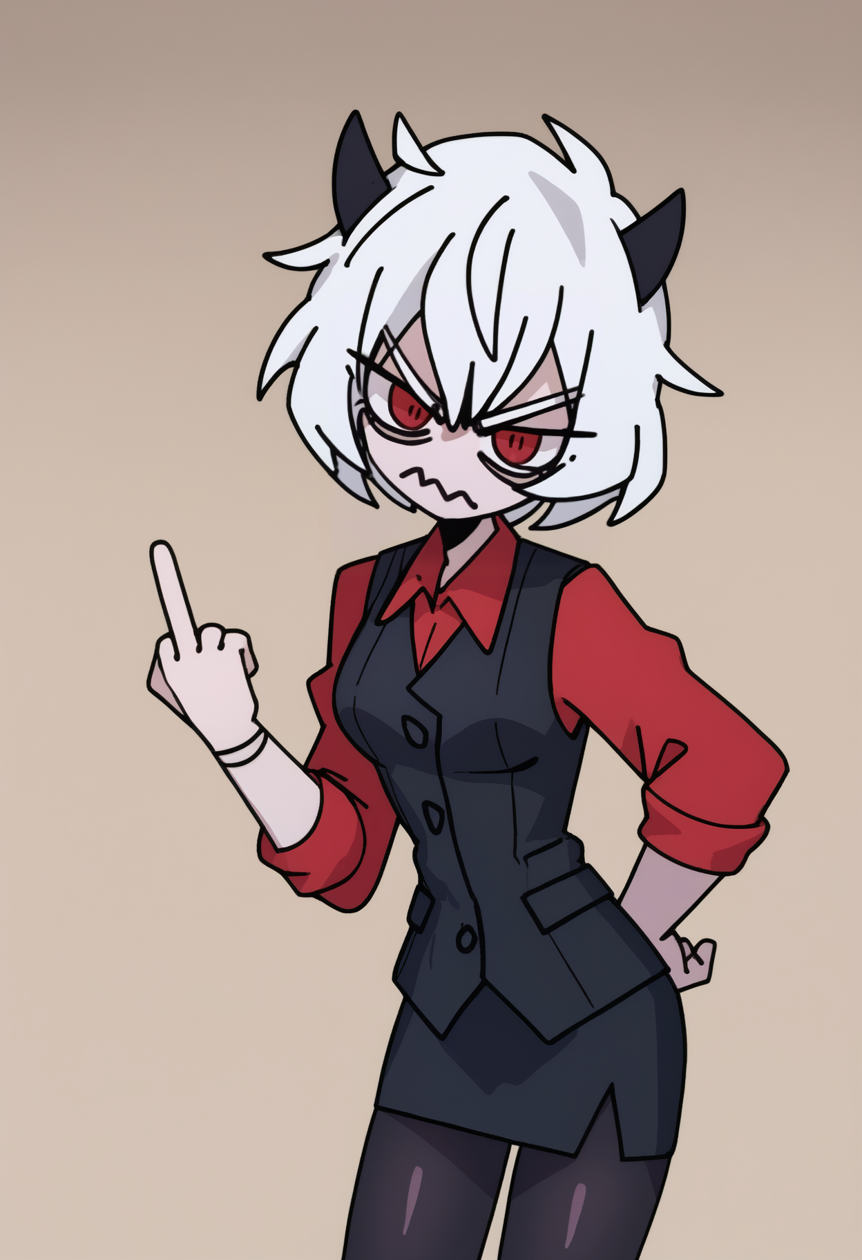 score_9, score_7_up, <break> simple background, solo, 1girl, htmalina, unamused, looking at you, wavy mouth, standing, middle finger, white hair, black horns, demon horns, red eyes, red shirt, sleeves rolled up, black vest, waistcoat, black skirt, black pantyhose
 <segment:yolo-face_yolov8m.pt,0.4,0.5//cid=1>
