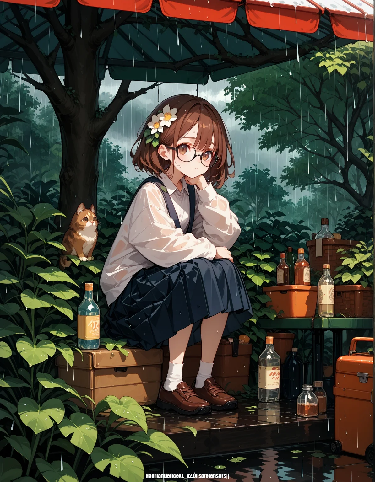 score_9, score_8_up, score_7_up, score_6_up, score_5_up,, ,, rainy day,A girl sitting under a tree,1girl,solo,full body,brown hair,heavy rain,tree hole,bottle,long pleated skirt,glasses,frown,hair flower,brown eyes,