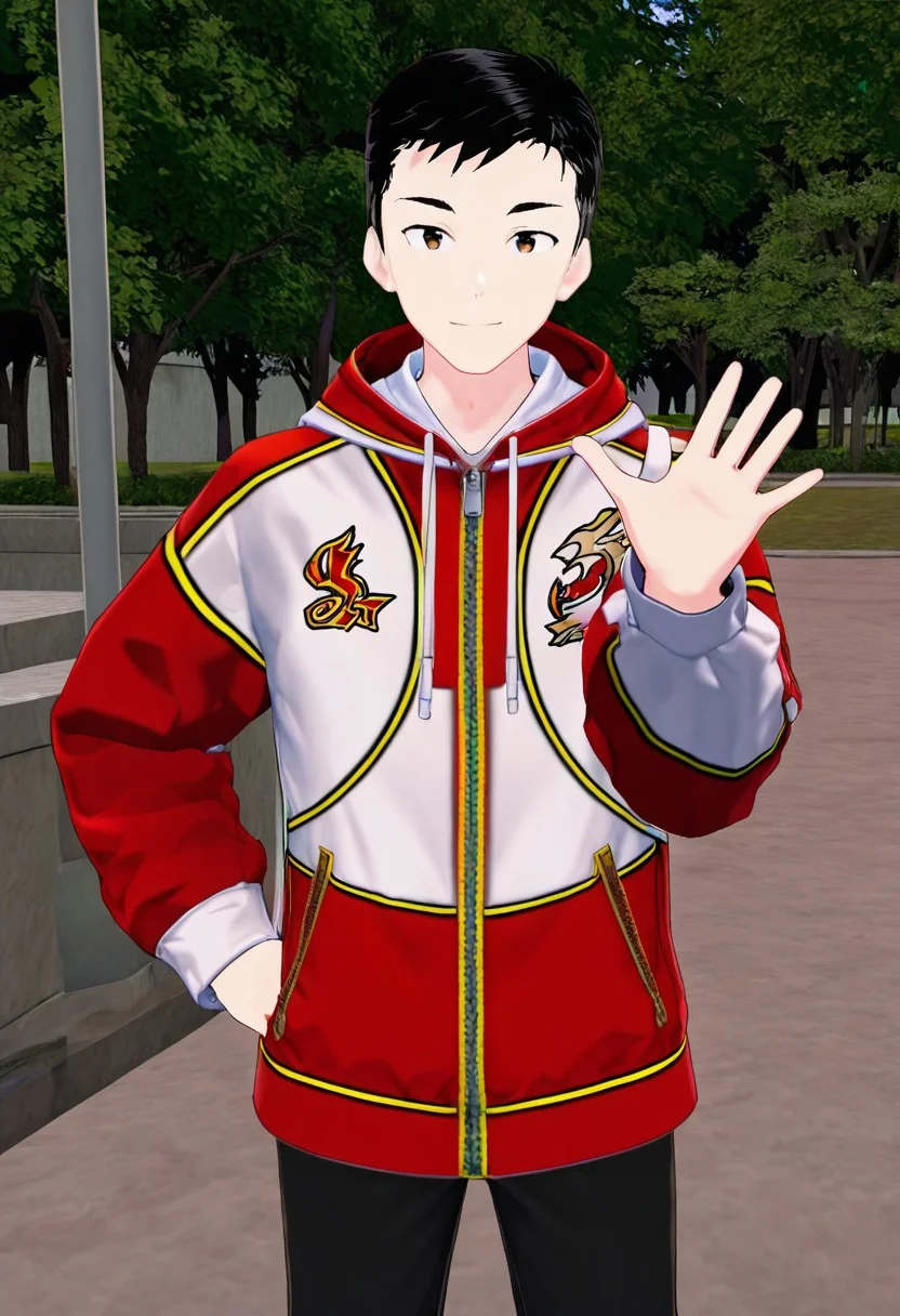 harmard, black hair, short hair, brown eyes, 1boy, solo, solo focus, red_white_jacket, black pants, young man, youthful, outdoor setting, right hand waving gesture, left hand leans on hip,