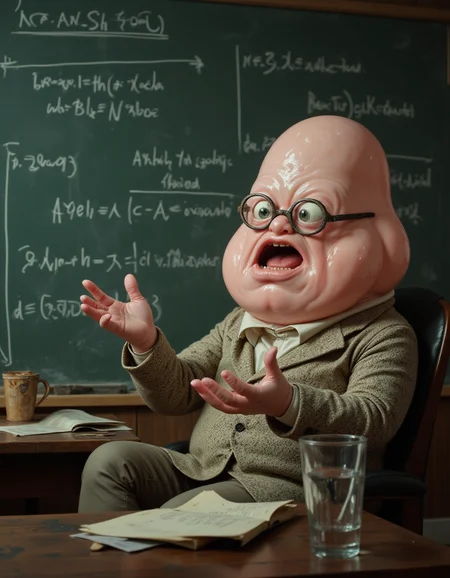 A blob creature, a dedicated teacher passionately explaining, eyes kind and engaging, wearing glasses and a tweed jacket; behind him, a blackboard filled with complex equations.
