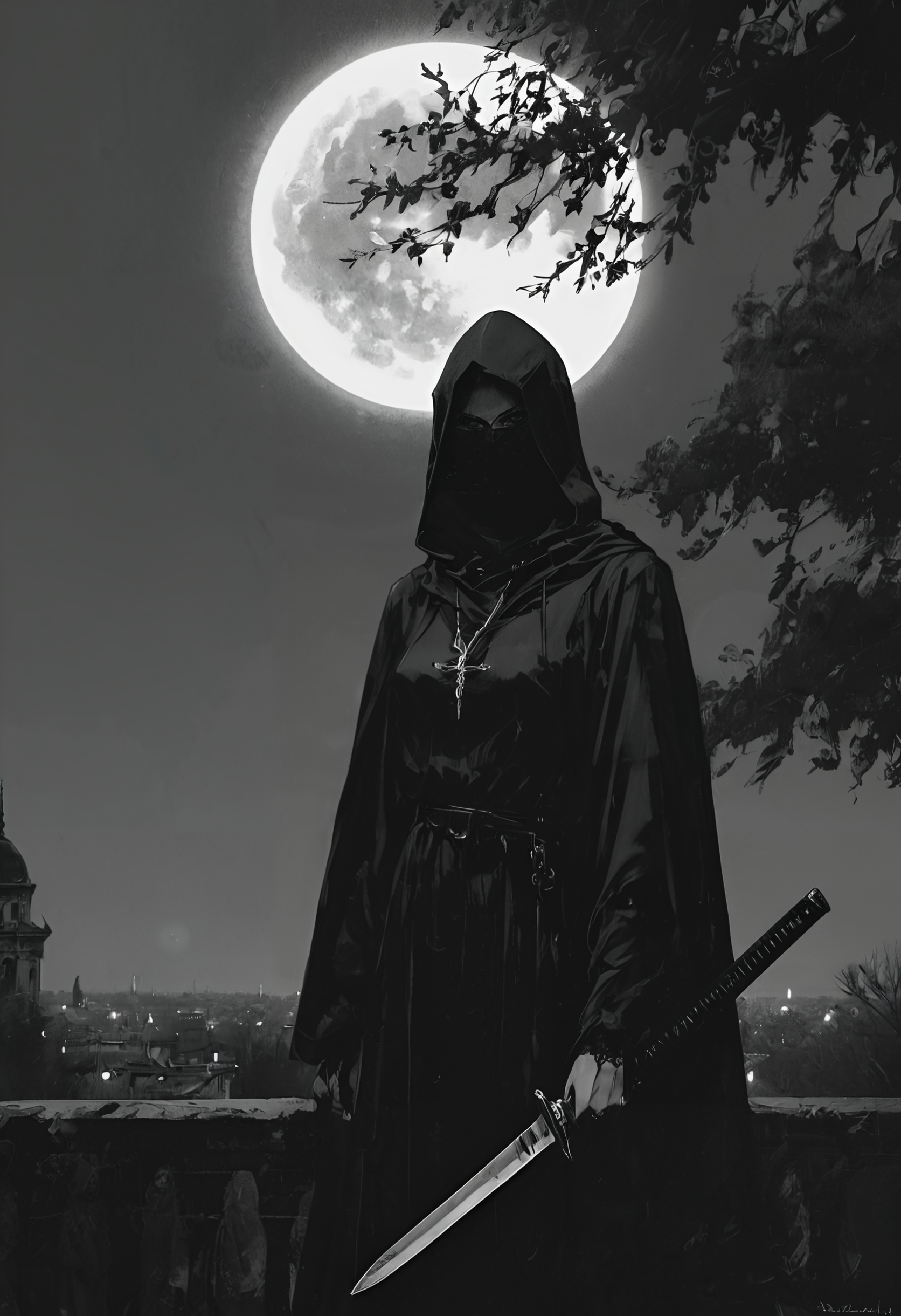 score_9, score_8_up, score_7_up, source_photo, Parisian balcony atmosphere, moon, dual_wielding, weapon, solo, full_moon, holding, 1girl, hood, sword, bat_\(animal\), knife, tree, jewelry, night, necklace, cloak, Side-lit body contour, rating_safe, <lora:pony\nocturnal_indecent:1.0000000000000002>