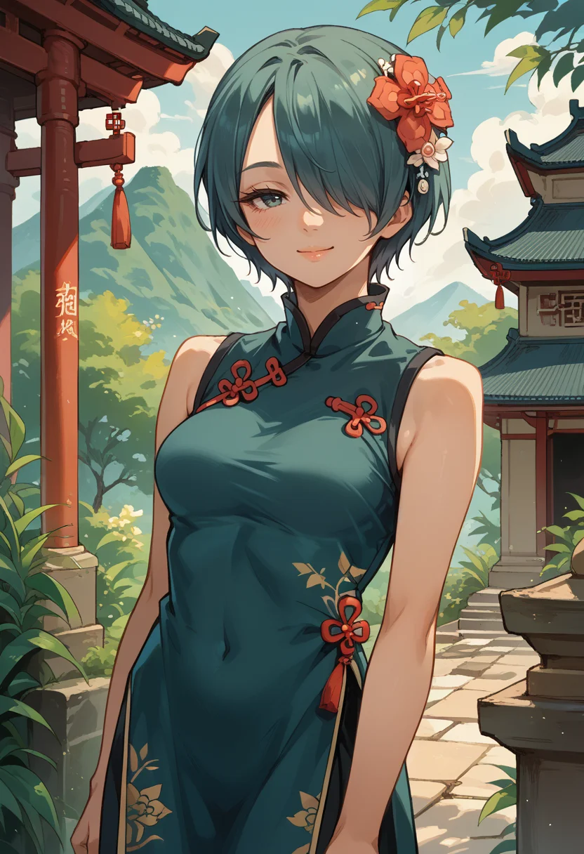 score_9, score_8_up, score_7_up, source_anime, 1girl, cowboy shot, looking at viewer, smile, half-closed eyes, blush, <lora:SetsunaFE-pdxl:0.9> defSet, short hair, hair flower, hair over one eye, china dress, medium breasts, sleeveless, temple, outdoors