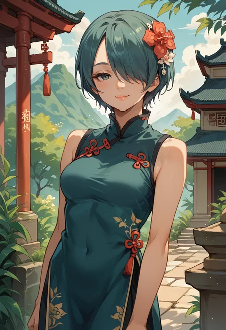 score_9, score_8_up, score_7_up, source_anime, 1girl, cowboy shot, looking at viewer, smile, half-closed eyes, blush, <lora:SetsunaFE-pdxl:0.9> defSet, short hair, hair flower, hair over one eye, china dress, medium breasts, sleeveless, temple, outdoors