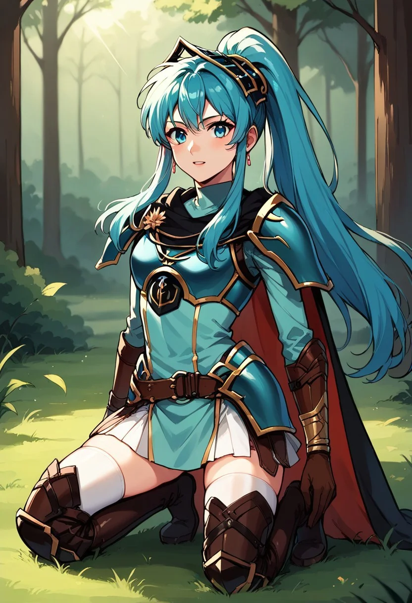 1girl, solo, alone, score_9, score_8_up, score_7_up, masterpiece, high quality, source_anime, very detailed, depth of field, cinematic illumination, volumetric lighting, full color picture, vibrant colors, solo, alone,
EikFE, aqua hair, long hair, sidelocks, aqua eyes, EFit, high ponytail, hair ornament, jewelry, earrings, chest guard, breastplate, shoulder pads, turtleneck, short aqua dress, long sleeves, brown elbow gloves, bracer, brown belt, white skirt, two-tone cape, red cape, black cape, white thighhighs, black thigh boots, armored boots, zettai ryouiki,
full body, kneeling, facing forward,
open field, lush forest, battlefield, excited, flirty, enticing,