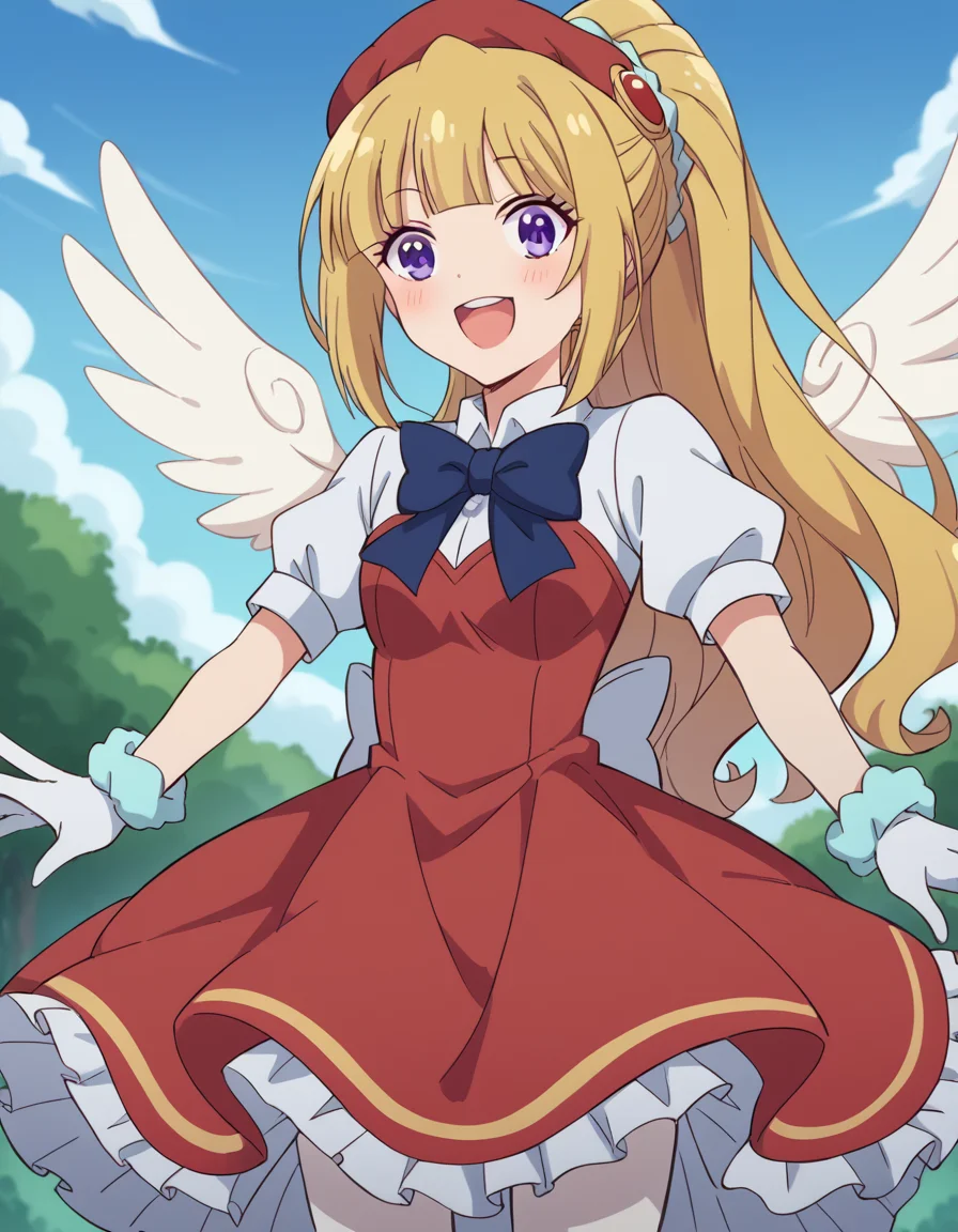 score_9, score_8_up, score_7_up, source_anime, keikaruizawa, <lora:kei-karuizawa-anime-s2-ponyxl-lora-nochekaiser:1>, kei karuizawa, long hair, bangs, blunt bangs, purple eyes, blonde hair, hair ornament, ponytail, scrunchie, blue scrunchie,, <lora:sakura-kinomoto-cosplay-ponyxl-lora-nochekaiser:1>, sakurakinomotocosplay, kinomoto sakura \(cosplay\), bow, bowtie, dress, gloves, hat, magical girl, pantyhose, petticoat, ppuffy short sleeves, puffy sleeves, red bow, red bowtie, red dress, red hat, short sleeves, white gloves, white pantyhose, white wings, wings,, outdoors, open mouth, blush, smile, flying,, cowboy shot, dutch angle, solo,