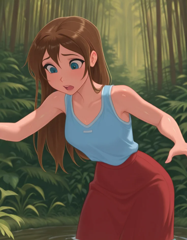 masterpiece, best quality, amazing quality, very aesthetic, absurdres, newest, detailed background, cowboy shot, 4k, 8k, outdoors, beautiful eyes, shiny skin, hyperdetailed,
janexd, 1girl, solo, brown hair, barefoot, skirt, blue eyes, long skirt, red skirt, long hair, open mouth, nature, tank top
<lora:Jane_Porter_-_Disney_Illustrious:1>