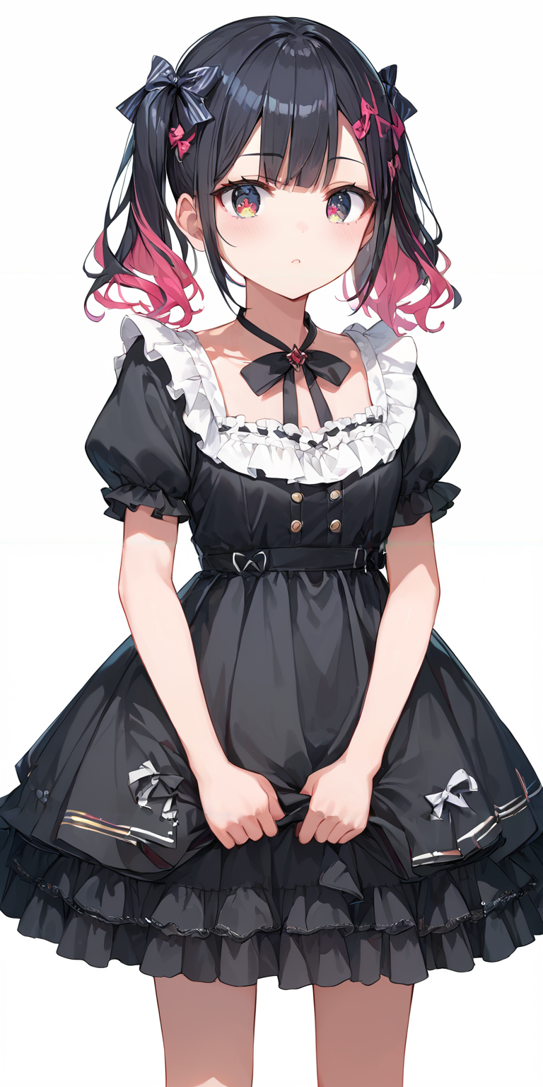 score_9, score_8_up, score_7_up,source_anime, high res image,masterpiece,best quality,girl,cute face,clear skin,shiny hair,ultra detailed eyes,simple background,  <lora:half twintail_pony_V1.0:1> half twintail, multicolored hair,ribbon <lora:gothic dress_Pony_V1.0:1> jyojifuku, black dress, frills, ribbon, hair bow