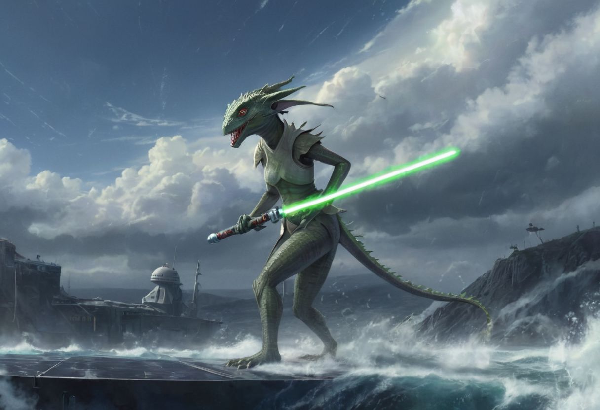 a (solo:1.5) black white lizard with (star wars armor:1.5)  sword on belt  (cockpit instruments view:1.5) inside star-wars style spaceship over (ocean:0.5) (waves:0.5), in the middle of sea, with (apocalyptic:1.5) stars comets meteors,
dawn, heavy rain, wind, windy, typhoon, hurricane, tropical storm, fog, mountain, sky, cloud, deluge, rainforest, 
(anime:1.5) , anime screencap in mnst artstyle, full body character portrait landscape