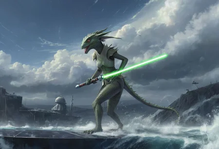 a (solo:1.5) black white lizard with (star wars armor:1.5) sword on belt (cockpit instruments view:1.5) inside star-wars style spaceship over (ocean:0.5) (waves:0.5), in the middle of sea, with (apocalyptic:1.5) stars comets meteors,
dawn, heavy rain, wind, windy, typhoon, hurricane, tropical storm, fog, mountain, sky, cloud, deluge, rainforest,
(anime:1.5) , anime screencap in mnst artstyle, full body character portrait landscape