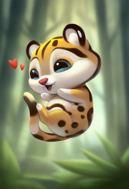 A baby ocelot, pawing at its mother's fur, little hearts in the air, dense spring forest,