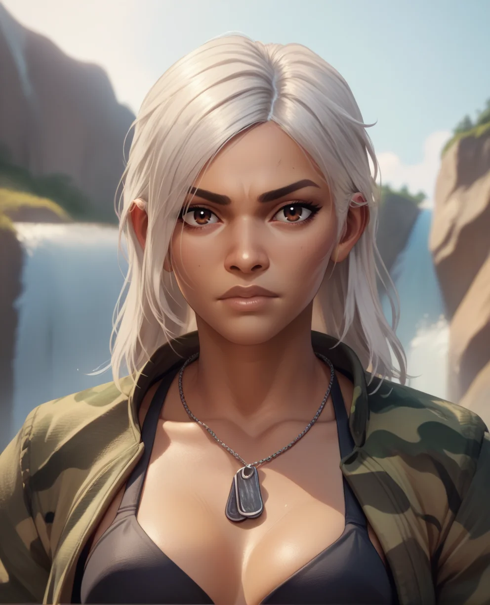 score_9,score_8_up,score_7_up,score_6_up,score_5_up,score_4_up,
vannesaxl,white hair,brown eyes,
necklace dog tags,open camo jacket,black bra,
upper body,standing,looking at viewer,
waterfall,high mountain,
<lora:VannesaXL:0.8>,