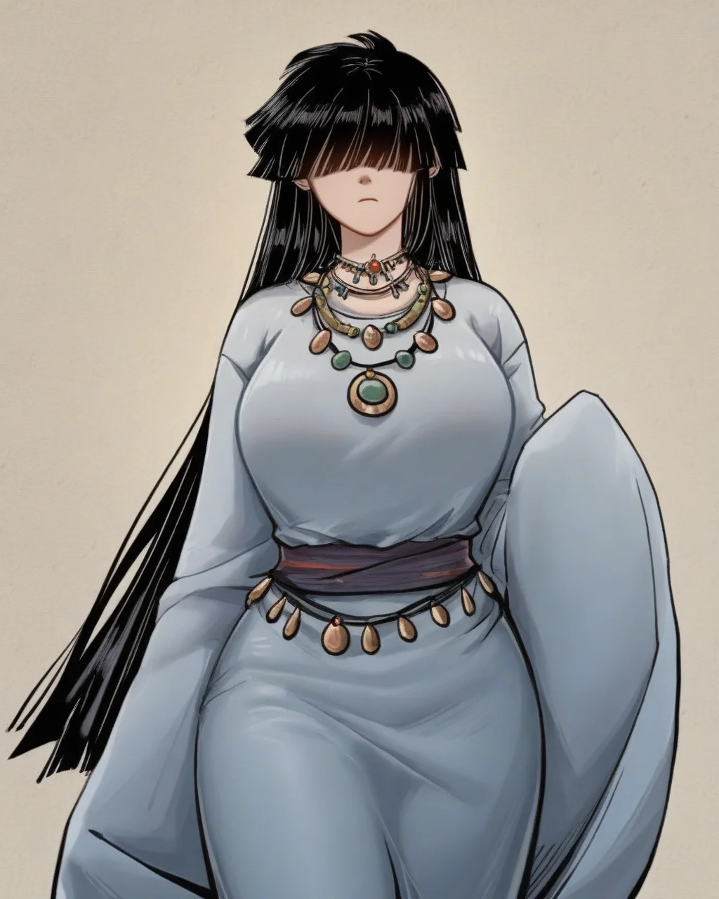 masterpiece,best quality,curvy,venus body,
<lora:gongsunling:1>,gongsunling,1girl,solo,long sleeves,japanese clothes,black hair,jewelry,necklace,sleeves past wrists,bangs,portrait,hair over eyes,