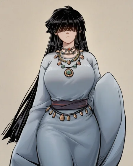 masterpiece,best quality,curvy,venus body,
<lora:gongsunling:1>,gongsunling,1girl,solo,long sleeves,japanese clothes,black hair,jewelry,necklace,sleeves past wrists,bangs,portrait,hair over eyes,