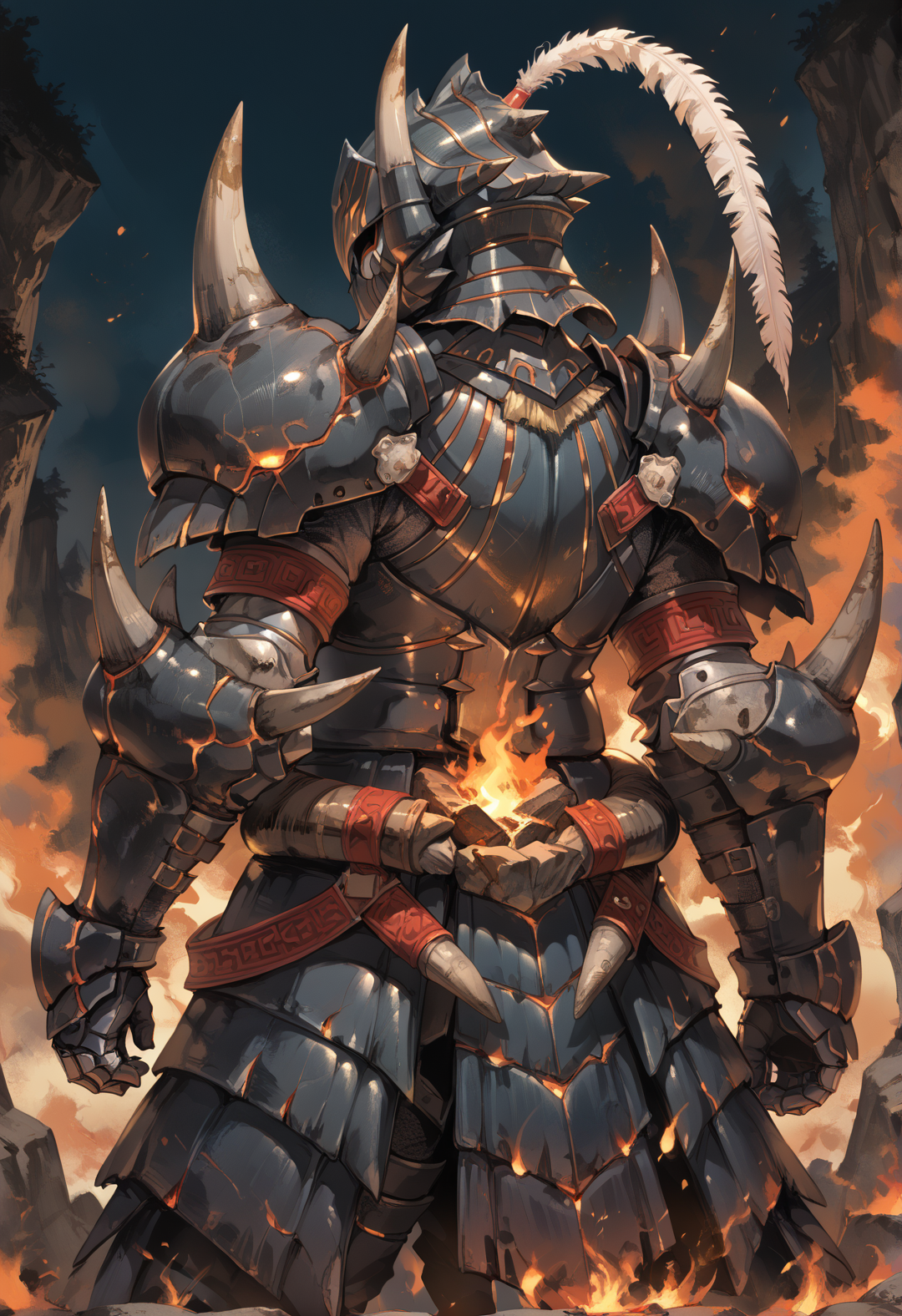 (score_9:0.9),score_8_up,score_7_up,rating_safe,anime style,(zPDXL),<lora:Akantor armor - male ponyXL v1:0.7>,molten rock,solo,full armor,1boy,male focus,fire,black helmet,black shoulder armor,black gauntlets,glowing,from behind,akantor armor,black armor skirt,white feather,covered face,