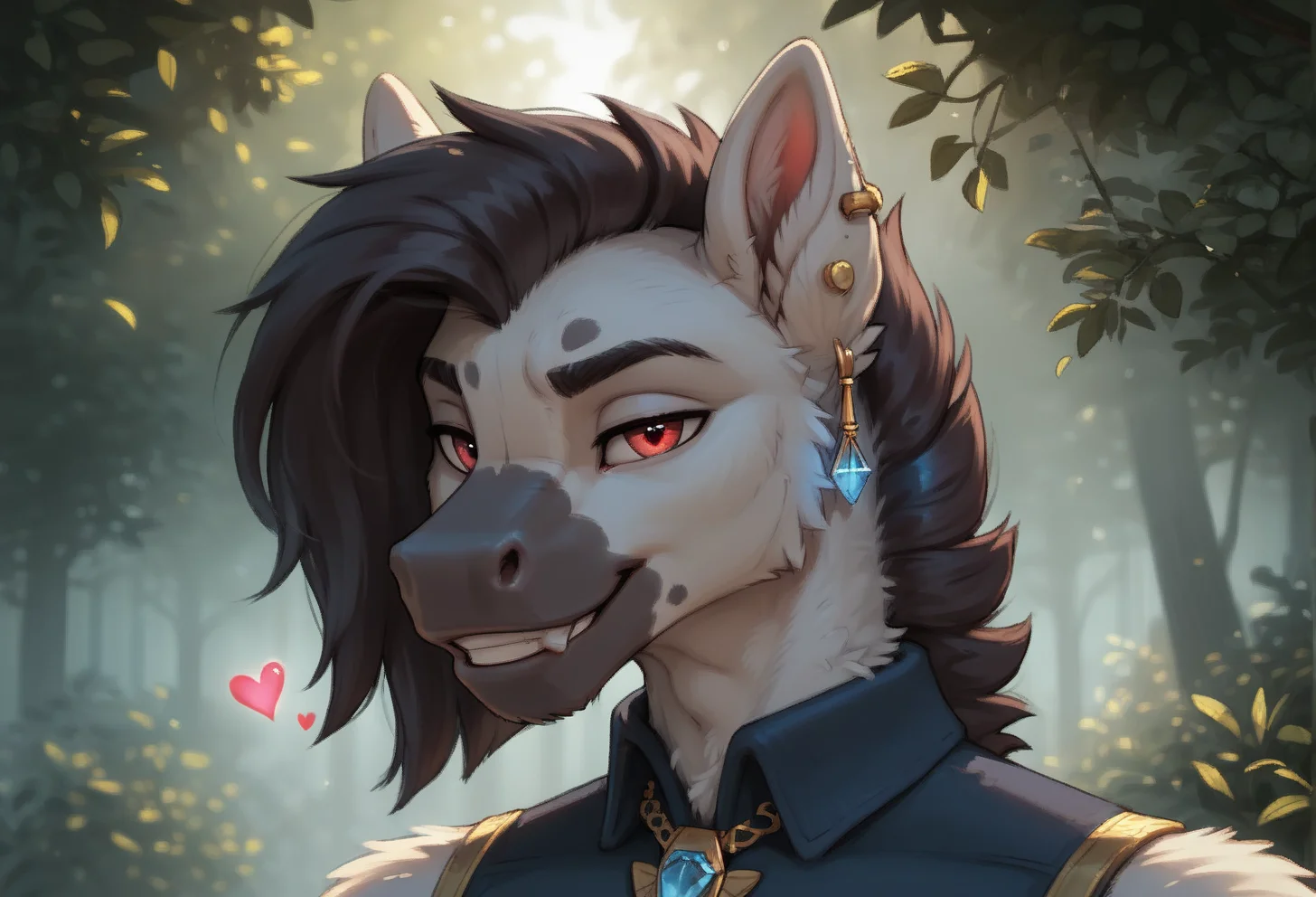 score_9, score_8_up, score_7_up, score_6_up, 1anthro, male, , furry, detailed fur, anthro, eyes, , perfect face, detailed eyes, perfect eyes, sexy, sexy boy, beautiful eyes, perfect cute face, petite body, face focus, dynamic angle, body shot, full body, looking at viewer, face focus, outdoors, detailed lighting, detailed background, upper body, portrait, eyes focus,
smug expression, floating hearts, eye focus, smug, pleased, mischievous, smirk, seductive pose, , flirty, flirting with viewer, forest, woods, wilderness, nature, detailed teeth,
detailed eyes, perfect eyes, beautiful eyes, , bedroom eyes, detailed eyes, perfect eyes, beautiful eyes, , detailed fur, tail, eyes, realistic fur, , solo, 1 boy, young, (((handsome, detailed face and eyes))), solo, anthro, furry male, equine boy, white body fur, Therium, Therium_Lust_shards, equine, stallion, white fur, fur pattern, red eyes, jewelry, blue gem on ear, blue ear piercing, waistcoat, gold threads, brown pouch, black trousers, belt, gold emblem on belt, tail, sleeveless, bare arms, <lora:Therium_-_Lust_Shards:0.75>
tail, uncensored, equine mouth,
<lora:CleanDetailed_Eyes:0.25>
<lora:princess_xl_v1:1> <lora:Expressive_H:0.65> <lora:g0th1cPXL:0.45> <lora:incase-ilff-v3-4:0.3>