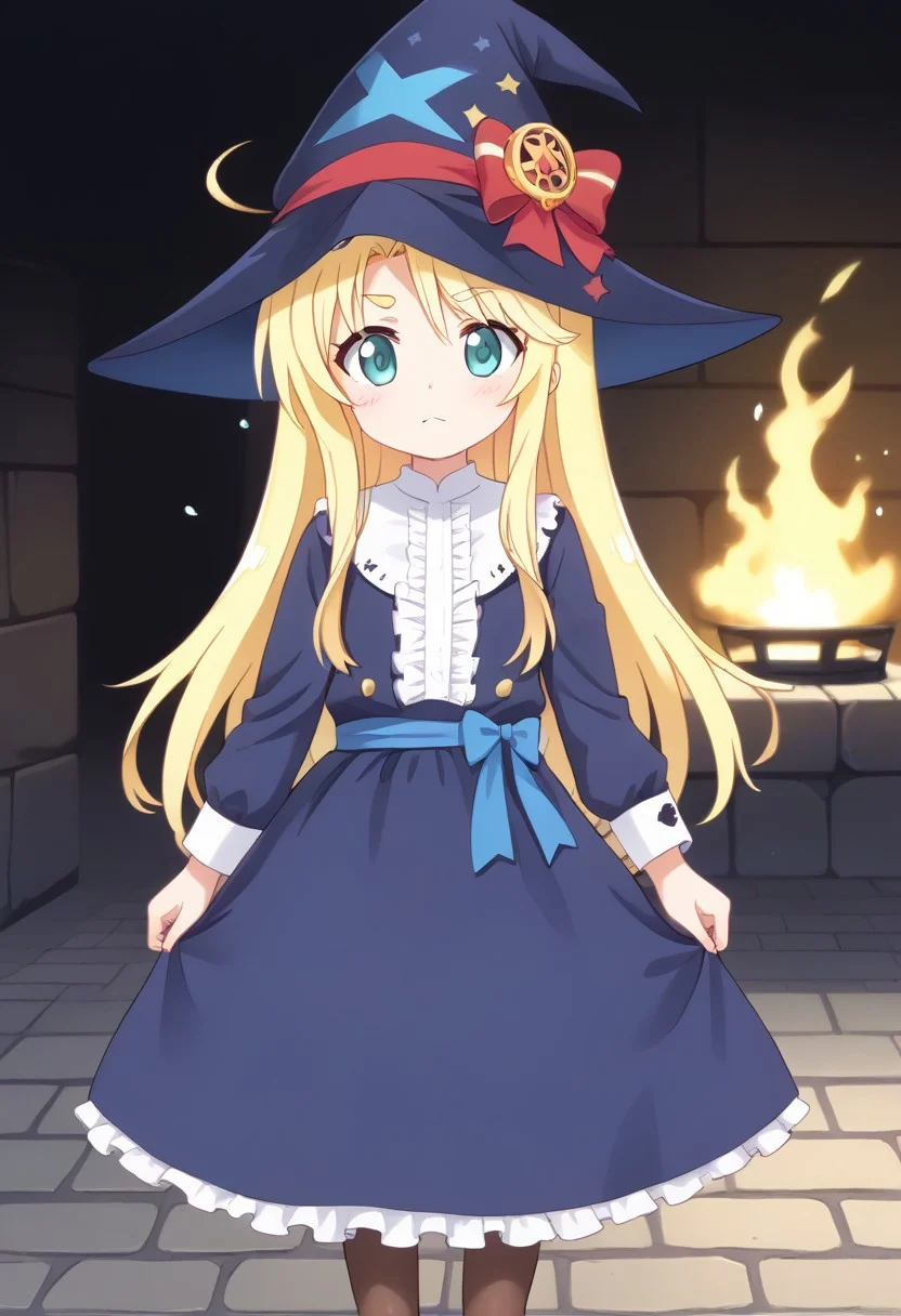 core_9, score_8_up, score_7_up,
BREAK source_anime, best quality, masterpiece, rating_safe, uncensored, High quality, 8k, Ultra detailed, insanely detailed, beautiful, prefect lighting, 1girl,
BREAK anime coloring, ahoge,long hair,blonde hair,hair bow,bow hairband,red hairband,thick eyebrows,parted bangs,aqua eyes,:3, small body, Short stature,
<lora:witch_Pony_V1.0:0.7> jyojifuku, witch, hat,dress, pantyhose,
BREAK (Cave, firewood, fire, water droplets, stone bed, rough floor,Cobblestone wall),