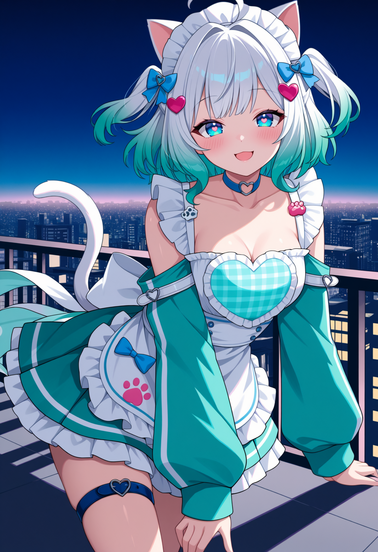 general, masterpiece, best quality, 1girl, solo, BREAK looking at viewer, blush,
urban rooftop, sparkling city skyline, neon reflections, dynamic forward-stepping pose, hair flying in the wind, joyful adventurous expression, balcony edge action, cinematic shallow depth, dramatic lighting, high detail
BREAK
<lora:Mint Fantome:1> blue eyes, gradient hair, white hair, green hair, ahoge, hitaikakushi, x hair ornament, medium breasts,
mintcafe, frills, aqua jacket, long sleeves, off-shoulder jacket, white apron, maid apron, (heart-shaped chest, plaid heart, aqua heart:1.2), white sash, blue waistband, pleated skirt, frilled skirt, aqua skirt, cat ears, cat tail, blue choker, heart o-ring, blue bow, pink bow, paw print pin, ghost pin, pin, white arm belts, name tag, brown thigh strap, brown garter strap, (blue thigh belt:1.2), heart hair ornament,
short hair, two side up, hair bow, blue bow,