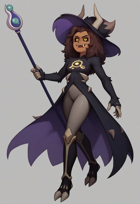 score_9, score_8_up,score_7_up, (high-contrast, cel shading), solo,,
(LuzTitan, yellow eyes, brown skin, black sclera, horns, fangs, fur covered body, witch hat, staff, leggings, ),