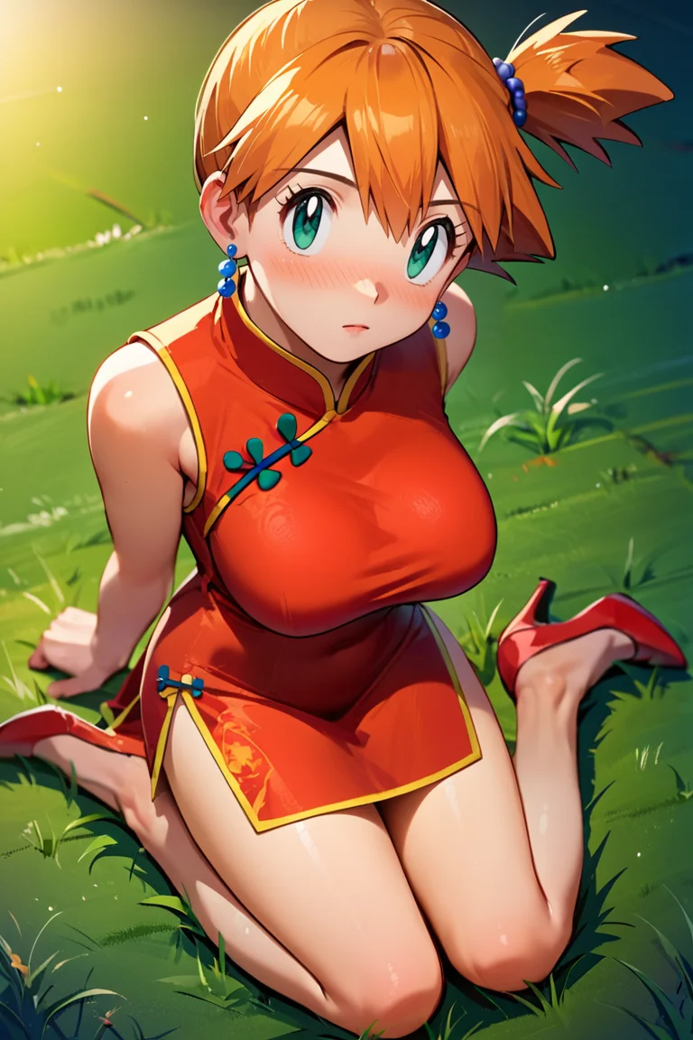 high angle, from above, looking up, looking at viewer, arms behind back, kneeling, 
score_9,  score_8_up, score_7_up, score_6_up, source_anime, blush, white background, simple background, night, grass, field, outdoors, 
BREAK, misty \(pokemon\), red china dress, bead earrings, bead hair tie, heels, large breasts
<lora:Ultimate_Misty_Pony_XL:0.8>