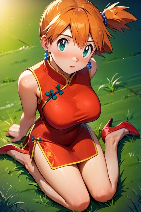 high angle, from above, looking up, looking at viewer, arms behind back, kneeling,
score_9, score_8_up, score_7_up, score_6_up, source_anime, blush, white background, simple background, night, grass, field, outdoors,
BREAK, misty \(pokemon\), red china dress, bead earrings, bead hair tie, heels, large breasts
<lora:Ultimate_Misty_Pony_XL:0.8>