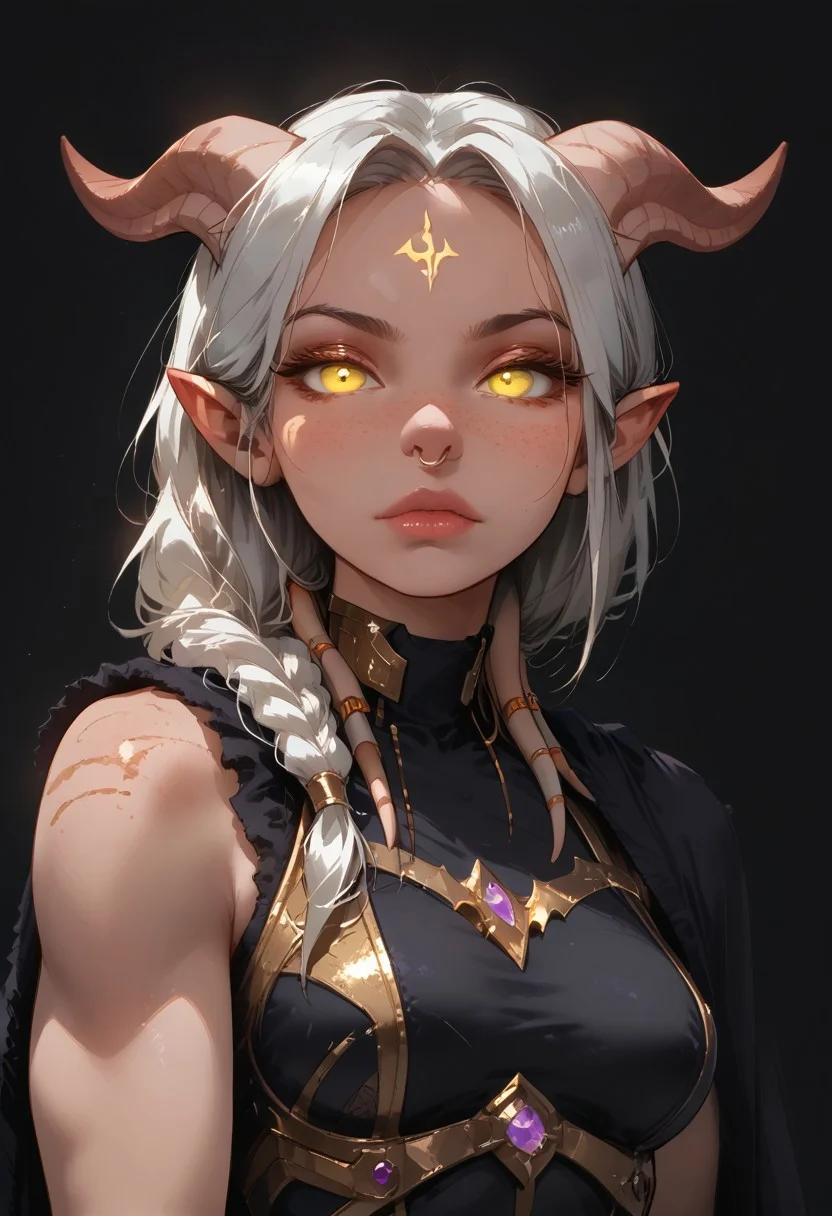 (score_9, score_8_up, score_7_up), g0thicPXL, glowing, neon, masterpiece, best quality, highly detailed, intricate details, extremely detailed, smooth lines, masterpiece, no text, quality highlights, 8k detail, detailed background, waist-up portrait,
...
1woman, (lightforged draenei female), adult, mature, (drnei, colored skin, horns, pointy ears, colored sclera, glowing eyes, colored skin, freckles), (white hair, long hair, braided ponytail), ((freckled face)), ((glowing body marks)), (yellow eyes, glowing eyes), ((nose ring)), big lips, muscles, medium breasts), (armor, plate armor, silk cape, pauldrons, straps, sleeveless)