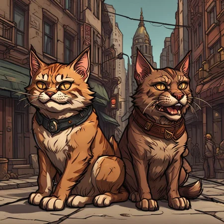 outline, lmnoutln, smiling cat looking at angry dog, street, masterpiece, best quality, outline style, fine lines, thin lines, detailed, no humans