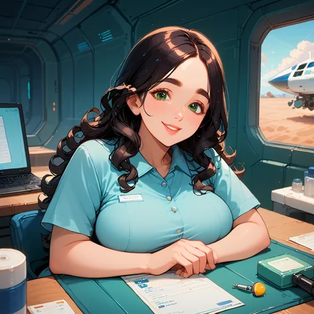 score_9, score_8_up, score_7_up, score_6_up, source_anime, rating_safe, ah1, 1girl, (curly hair), long hair, (black hair), mature female, (parted hair:1.7), (round face), (no_bangs:1.3), (no_fringe:1.6), looking at viewer, (thick eyebrows), (curvy), round-chin, (dark olive green eyes), caucasian, down-turned eyes, <lora:ETO_OCPonyXL:0.5> eto_oc, skindentation, thick thighs, wide hips, busty, voluptuous, kinky curls, lips, bad-hands-5, (laces of tennis shoes), (tahuna sands border shirt), (in Spacecraft, Medical Bay, examination table, medical supplies and instruments, diagnostic equipment, computer workstation for medical records, secure storage for medications), (smiling, friendly), <lora:venus body PonyXL:0.8>,<lora:eyedetailpxl:0.6> eyedetailpxl, <lora:xl_more_art-full_v1:0.6>, <lora:detailxl:0.6> detailxl, <lora:hairdetailpxl:0.6> hairdetailpxl, <lora:skindetailpxl:0.6> skindetailpxl
