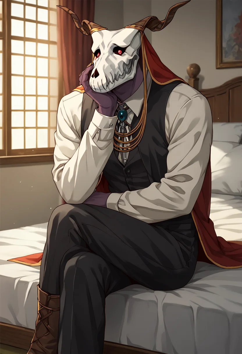 elias, 1boy, horns, solo, skull, male focus, red eyes,looking at viewer, glowing eyes,muscular, score_9, score_8_up, score_7_up, score_6_up, score_5_up, score_4_up, cowboy shot, <lora:EliasAinsworthPony1.0:1>bedroom, bed, sitting, crossed legs, hand on own face,