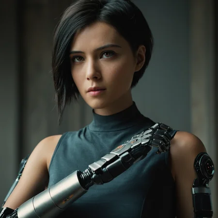 cinematic film still of <lora:Cyberpunk Style:1>
a cartoon of a woman with a bionic robot arm,bionic,transhuman,Dystopia,Dystopian,kakotopia,Science fiction,high tech,low life,societal collapse,Artificial,Posthuman,future,futuristic,Artificial intelligence,Cyborg,genetically-enhanced humans,sci-fi,Cyberpunk Style,1girl,solo,looking at viewer,short hair,black hair,brown eyes,lips,mechanical arms,cyborg,single mechanical arm , Cyberpunk Style, shallow depth of field, vignette, highly detailed, high budget, bokeh, cinemascope, moody, epic, gorgeous, film grain, grainy
