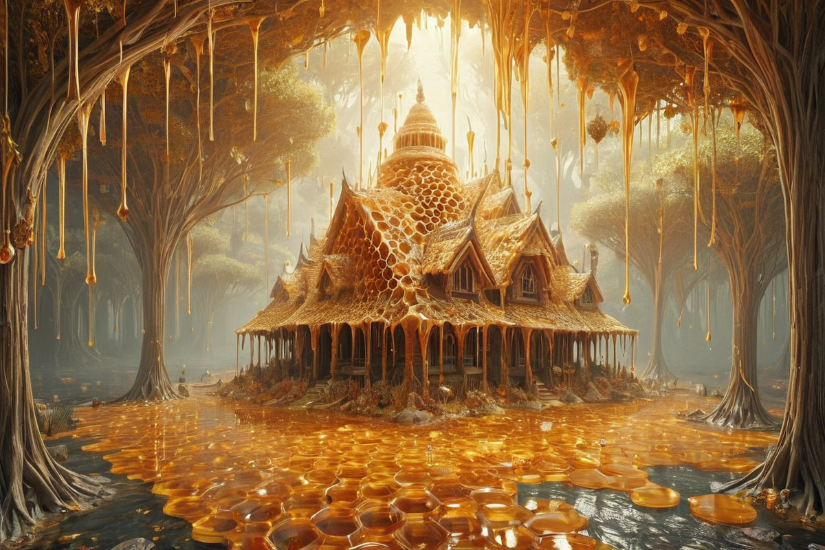 landscape, made out of honeycomb, glowing, dripping, fantastical <lora:Honeycomb_Morph-000007:0.8>