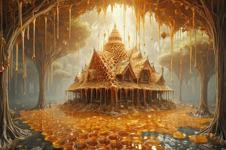 landscape, made out of honeycomb, glowing, dripping, fantastical <lora:Honeycomb_Morph-000007:0.8>